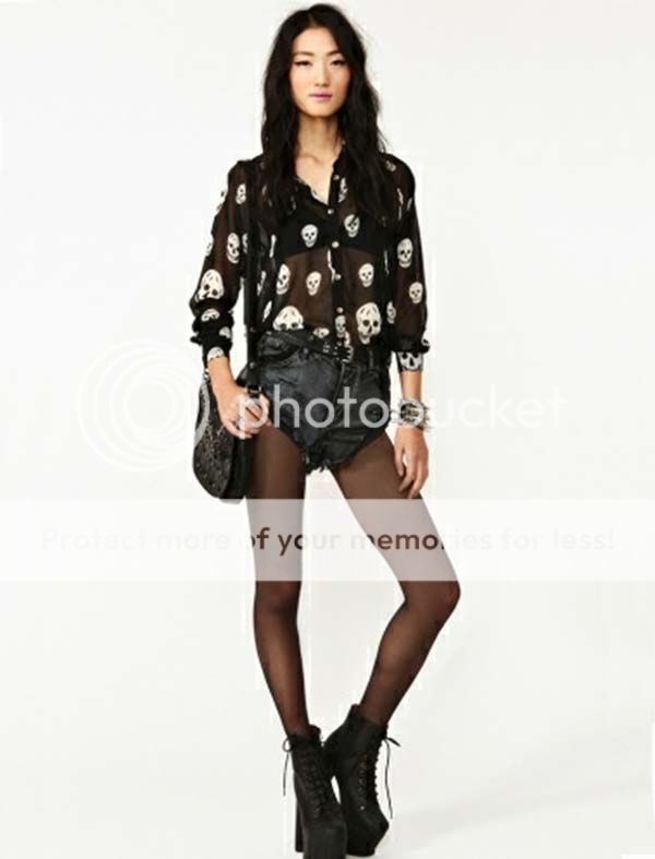 gothic style skull print sheer chiffon blouse shirt top #t63-l
