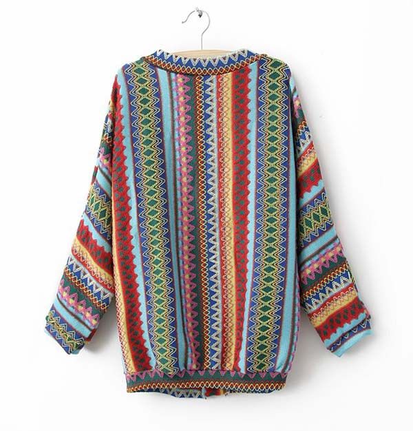 Boho Ethnic Colorful Wave Stripe Knit Top Blouse Sweater Cardigan S M # ...