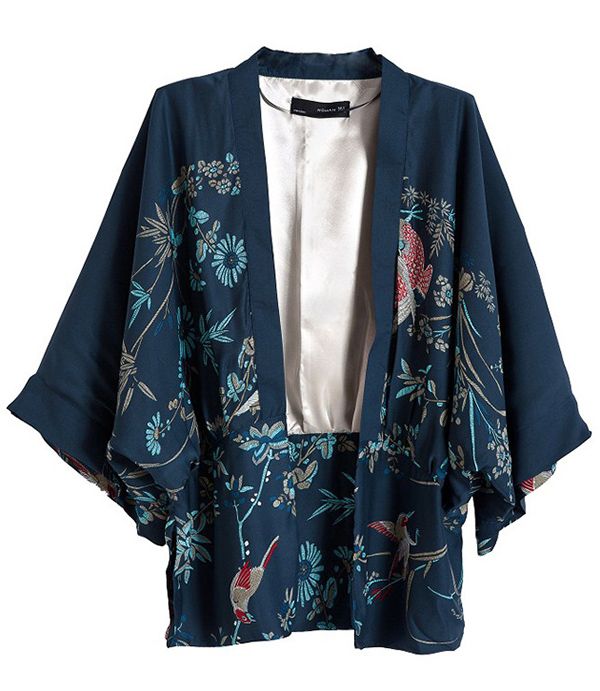 Flower Bird Print Japan Kimono Wide Sleeve Style Blouse Top Cardigan S ...